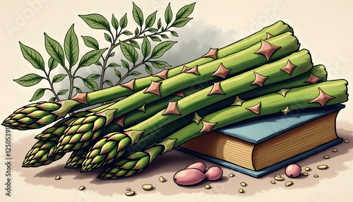 Artistic illustration of medicinal asparagus beside a book with herbs on a light background
