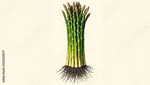 Vintage illustration of medicinal asparagus with foliage and detailed label on aged background