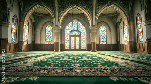 mosque interior with green carpet, stained glass, and serene prayer ambiance