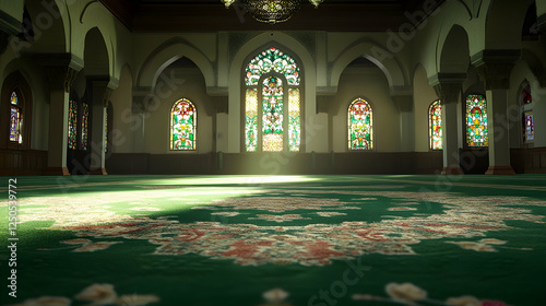 mosque interior with green carpet, stained glass, and serene prayer ambiance
