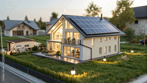 Wallpaper Mural Cozy Modern House with Solar Panels Surrounded by Lush Green Grass at Dusk Torontodigital.ca