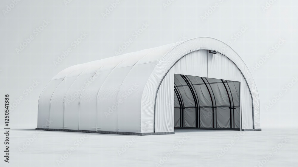 Industrial Shelter: An industrial shelter, or large tent-like structure, stands prominently, with its arched roof and open entrance giving a glimpse of the interior. It's a versatile structure.