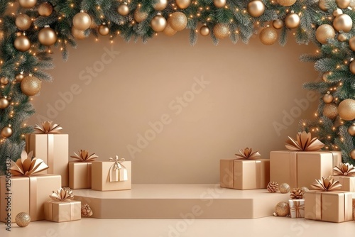 Fototapeta Christmas Gift Display Minimalist Beige Background