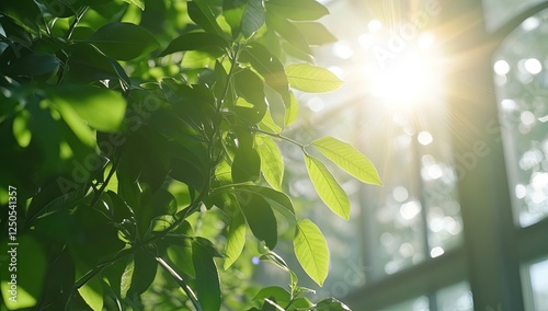 Sunlight Filtering Through Lush Greenery in a Greenhouse