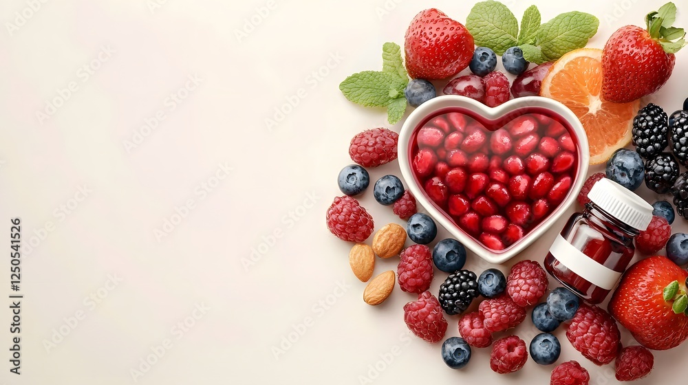 Healthy heart shaped bowl filled with a colorful assortment of fresh berries pomegranate seeds and other nutritious superfoods arranged on a rustic wooden table A vibrant Healthy heart shaped bowl filled with a colorful assortment of fresh berries pomegranate seeds and other nutritious superfoods arranged on a rustic wooden table A vibrant