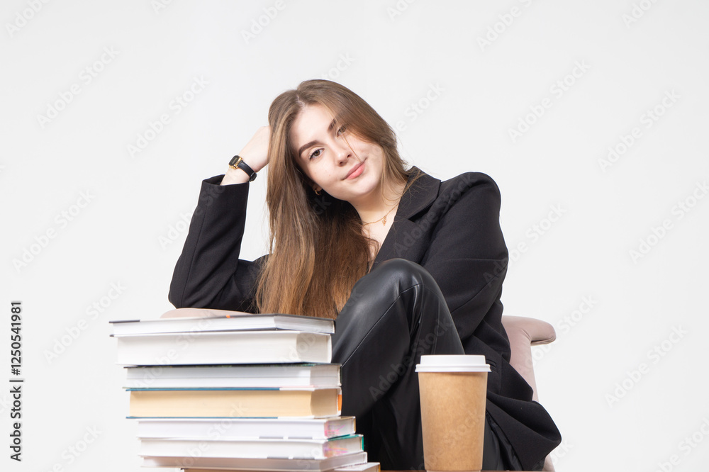 Pretty young girl in jacket sitting on a chair with stack of books on white background Pretty young girl in jacket sitting on a chair with stack of books on white background