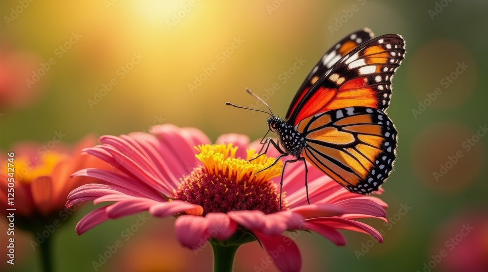 A close-up of a vibrant butterfly perched on a colorful flower, with soft sunlight illuminating its wings A close-up of a vibrant butterfly perched on a colorful flower, with soft sunlight illuminating its wings