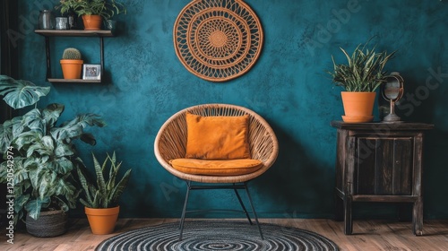 Bohemian Living Room with Teal Walls and Orange Accents photo