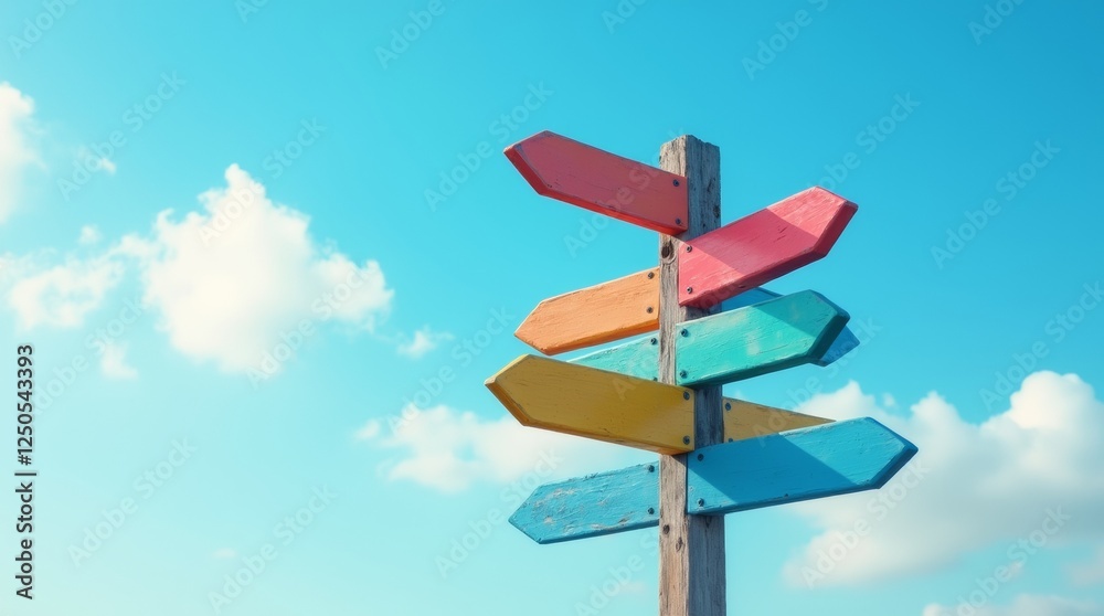 A collection of colorful arrow direction signs pointing in various directions, set against a bright blue sky A collection of colorful arrow direction signs pointing in various directions, set against a bright blue sky