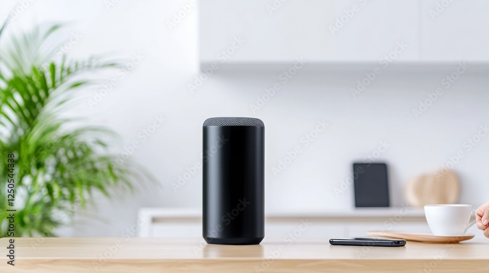 Minimalist Smart Kitchen Voice-Activated AI Speaker and Smartphone on Wooden Counter - Streamlined Connected Living for Modern Tech Integration and Efficiency