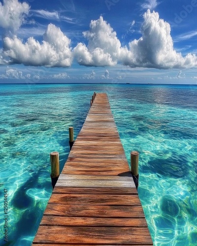 Tropical Pier Extends to Azure Sea Under Fluffy Clouds