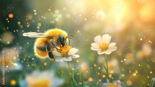 A Bumble Bee on a Daisy in a Sunlit Meadow