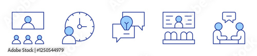 brainstorming, virtual event, conference room, interview, time. Meeting Icon vector illustration. Line Duotone style. Editable stroke