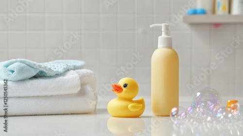 Bright Bathroom Scene with Rubber Duck and Yellow Soap Dispenser