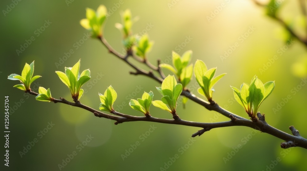 A vibrant scene of young spring leaves unfurling on a tree branch, illuminated by sunlight A vibrant scene of young spring leaves unfurling on a tree branch, illuminated by sunlight