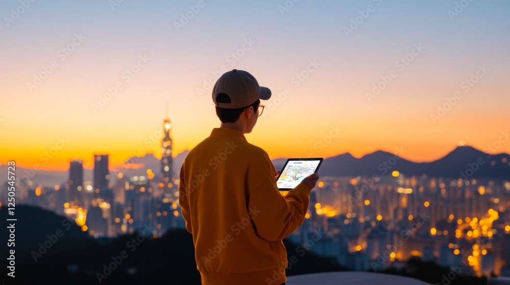 Fototapeta premium Futuristic Urban Mobility Young Korean Architect with Digital Tablet on Rooftop, Illuminated Cityscape Background - Innovative Smart City Planning and Transport Solutions