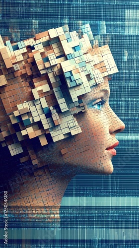 A mesmerizing profile of a woman composed of cubic patterns, representing the fusion of technology and human identity in a digital age filled with creativity and exploration.