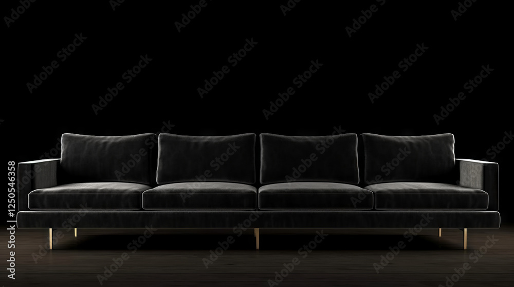 A luxurious charcoal black velvet sofa with tufted backrest and brass legs A luxurious charcoal black velvet sofa with tufted backrest and brass legs