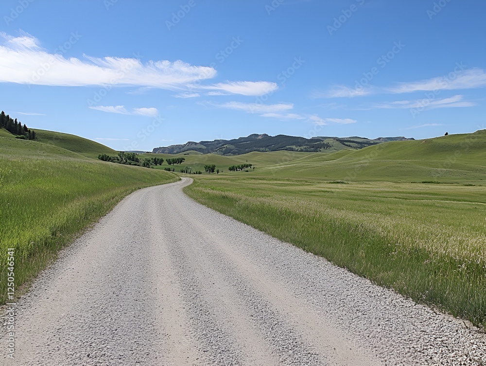 Fototapeta premium A gravel road leading through a vast green meadow and gently rolling hills
