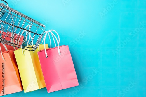 Shopping Spree: Colorful Bags and a Mini Cart on Turquoise