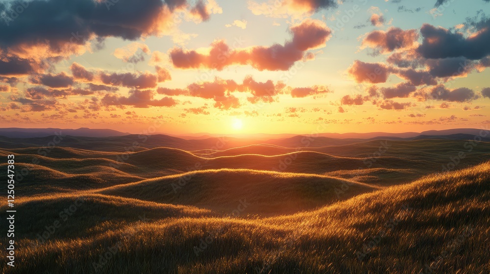 Fototapeta premium Serene Sunset Overrolling Hills Landscape Bathed in Warm Light with Vibrant Clouds Creating a Tranquil Atmosphere and Captivating Scenery for Nature Lovers