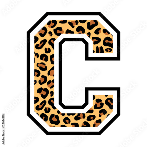 Leopard Initial letter C in varsity font svg cut file. Isolated vector illustration.