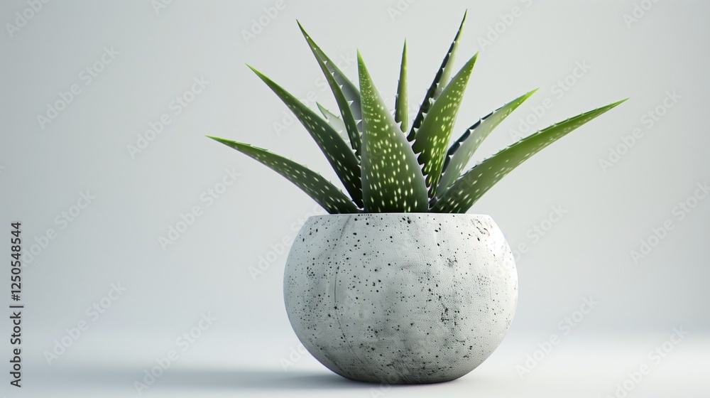 A fresh aloe vera plant in a geometric concrete vase, isolated on a white background. The sharp leaf edges and detailed speckled patterns on the surface are in high definition. A fresh aloe vera plant in a geometric concrete vase, isolated on a white background. The sharp leaf edges and detailed speckled patterns on the surface are in high definition.