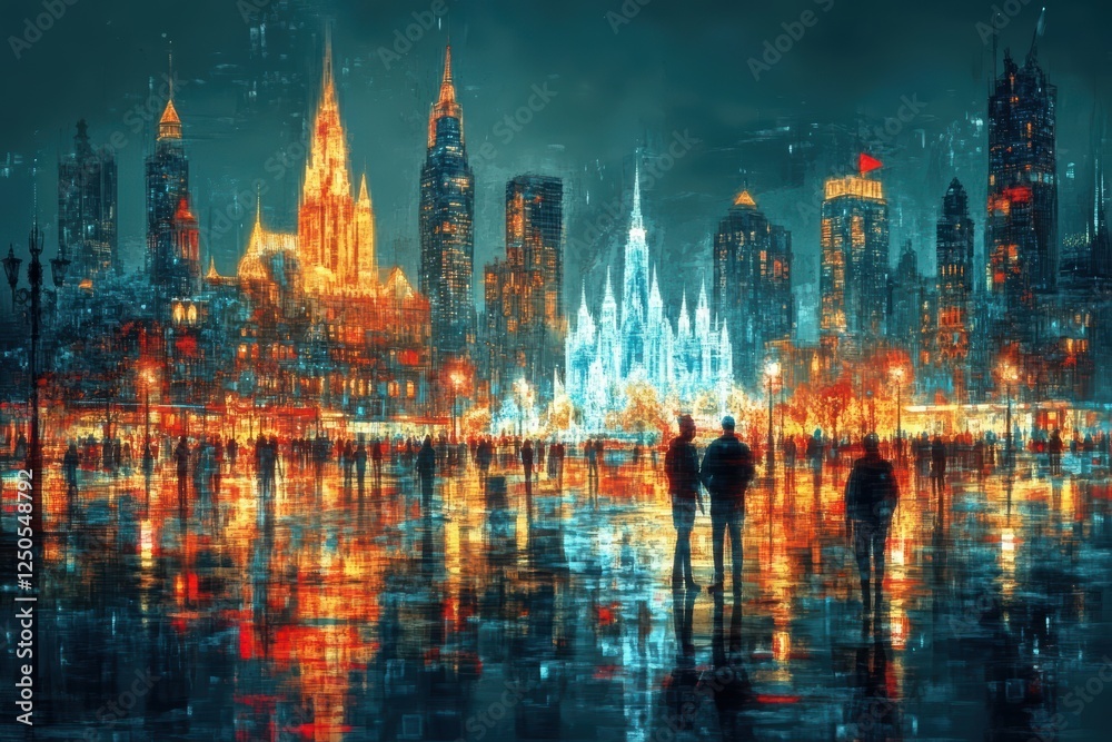Fototapeta premium A vibrant city skyline illuminated at night, featuring colorful lights reflecting on wet surfaces, creating a magical, dreamy atmosphere.