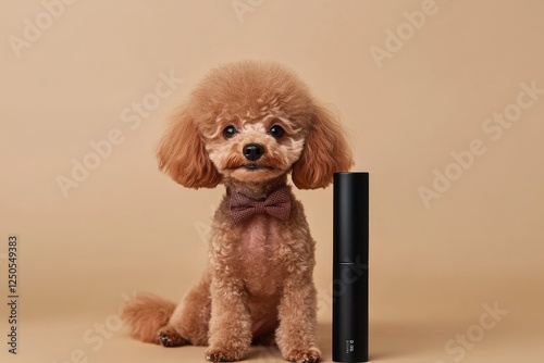 Elegant Toy Poodle with Stylish Bow Tie and Grooming Product