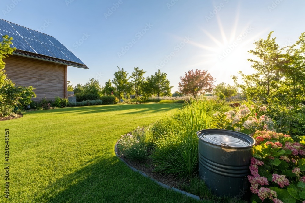 Solar Panel Suburban Home Sunlit Eco-Lawn with Native Plants and Rain Barrel - Sustainable Living Visuals for Green Real Estate Marketing