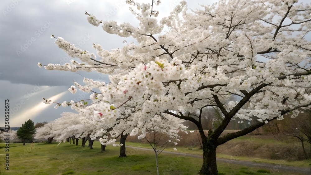 Serene Spring Cherry Blossoms Under Dramatic Sky Serene Spring Cherry Blossoms Under Dramatic Sky