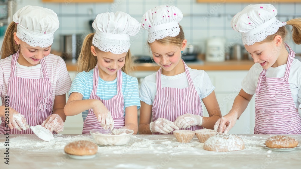 Four young girls in chef hats and aprons joyfully baking together, covered in flour, creating a fun and engaging baking experience. Four young girls in chef hats and aprons joyfully baking together, covered in flour, creating a fun and engaging baking experience.