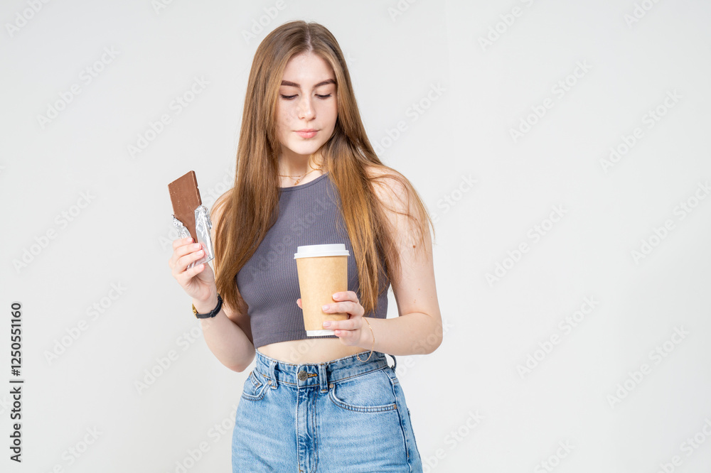 Attractive positive young girl with chocolate bar and cup of coffee posing standing on white background Attractive positive young girl with chocolate bar and cup of coffee posing standing on white background