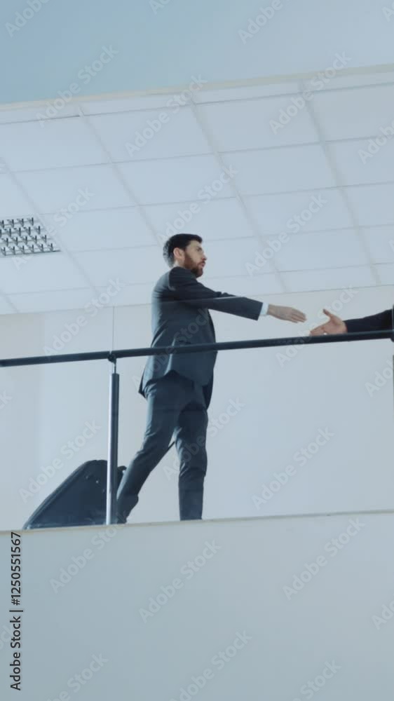 Two suited men meet on a balcony, symbolizing successful business Two suited men meet on a balcony, symbolizing successful business