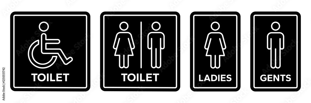 Toilet icons set. Men and women restroom icon sign right arrow. Disabled wheelchair icon. Vector Illustration	