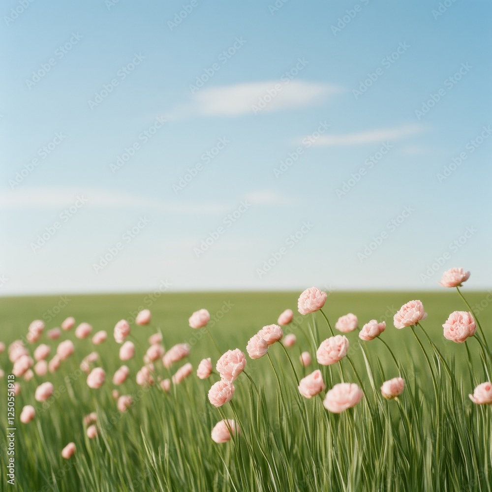 Fototapeta premium Eco-friendly Landscape Imagery Vast Green Meadow with Swaying Wildflowers Under Clear Skies - Sustainable Content for Environmental Campaigns and Nature-inspired Branding