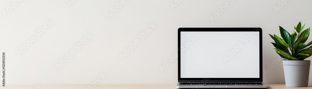 A minimalist workspace featuring a laptop with a blank screen beside a potted plant, set against a light-colored wall. A minimalist workspace featuring a laptop with a blank screen beside a potted plant, set against a light-colored wall.