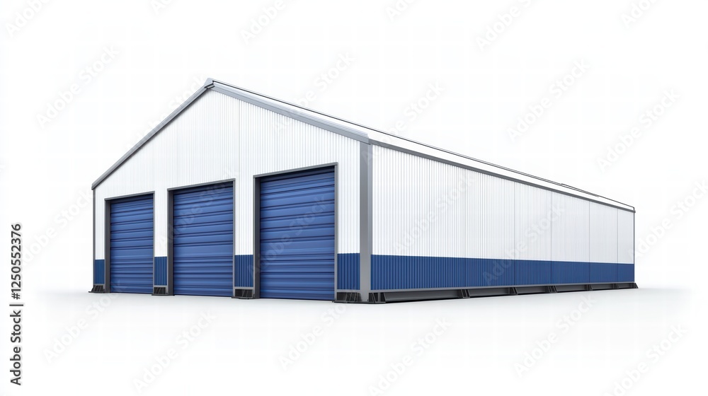 Fototapeta premium Triple-Door Steel Garage: A spacious, modern steel garage featuring three large, blue roll-up doors, offering ample storage and workspace.