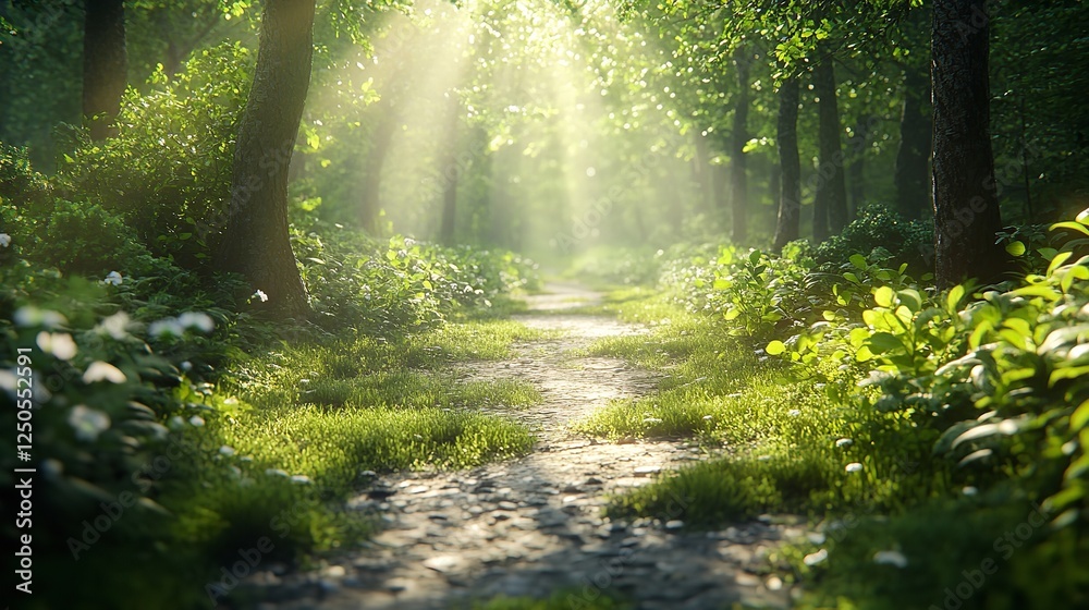 Fototapeta premium Sunbeams Filtering Through a Forest Path