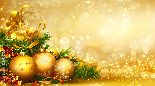 A shiny golden background with glitter and bokeh lights, adorned with Christmas decorations like baubles and ribbons, creating an elegant festive atmosphere. 