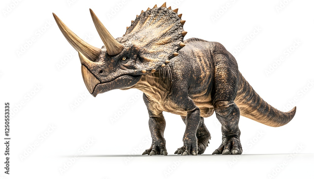 A majestic three horned dinosaur stands on white background A majestic three horned dinosaur stands on white background