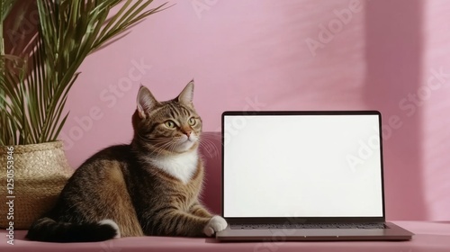 Contented tabby cat relaxing home office laptop screen cozy environment cat's perspective peaceful living photo