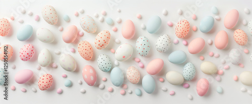 Painted eggs in pastel colors with white polka dots on a white background, Easter background banner, top view.