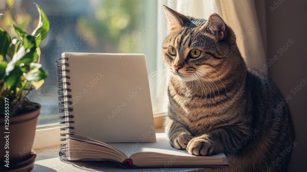 Curious tabby cat inspecting blank sketchbook home illustration cozy room eye level creative exploration