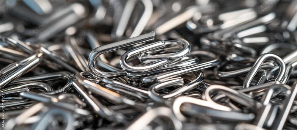 Close-up view of a multitude of shiny silver paper clips creating an abstract metallic background ideal for business or office themes.