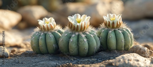 Lophophora williamsii peyote cactus with blooming flowers on rocky desert ground.