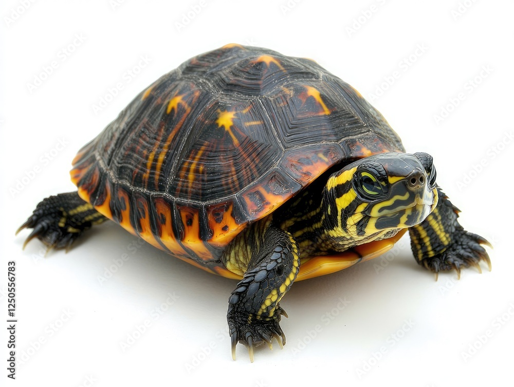Obraz premium Vibrant Turtle with Colorful Shell on a Clean White Background for Wildlife Education.