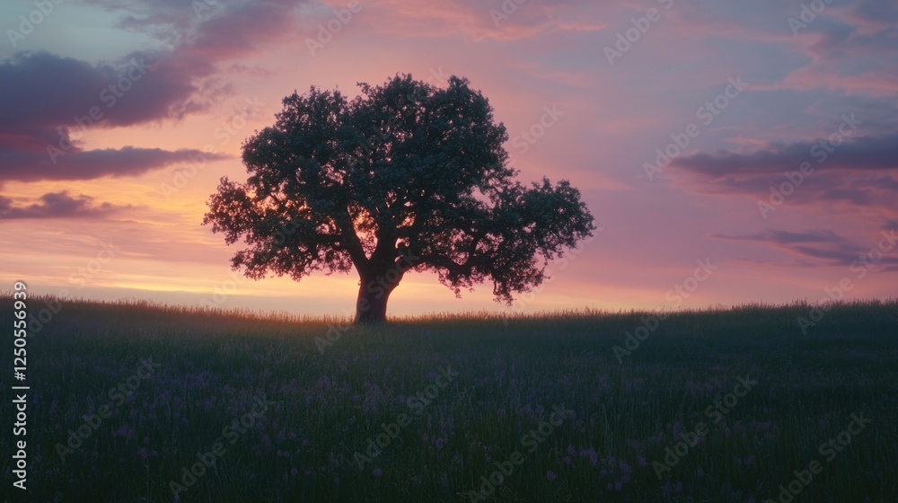 Lone oak tree silhouette in a vibrant sunset over grassy field symbolizing perseverance and the beauty of nature. Lone oak tree silhouette in a vibrant sunset over grassy field symbolizing perseverance and the beauty of nature.