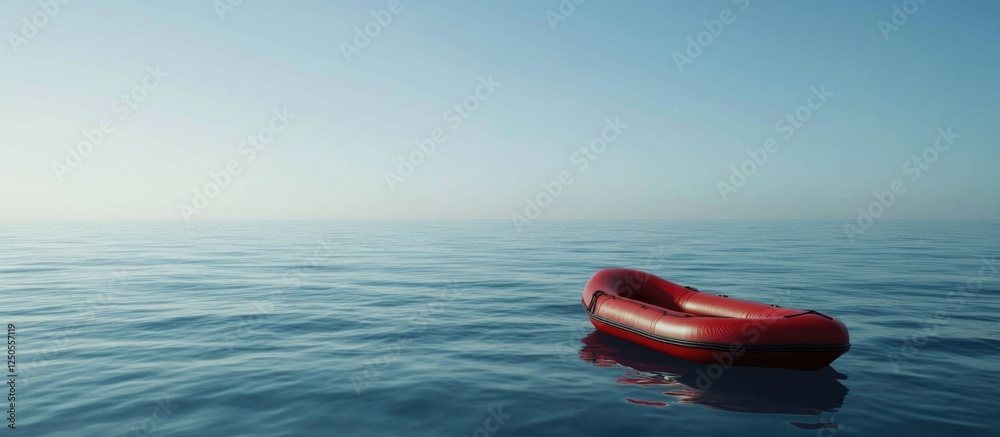 Lone red rubber boat floating serenely in the calm ocean against a clear blue sky with ample empty space for text or branding Lone red rubber boat floating serenely in the calm ocean against a clear blue sky with ample empty space for text or branding