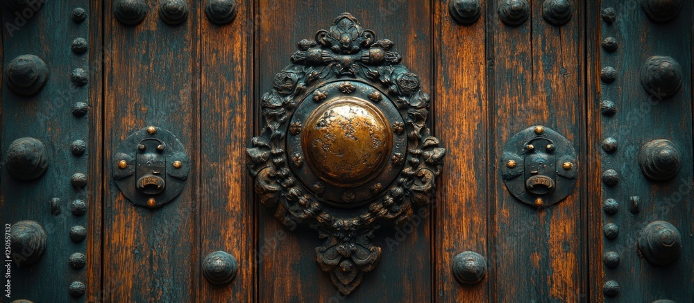 Antique door knocker on a wooden church door showcasing intricate brass design and rustic elements in Lombardy, Italy. Antique door knocker on a wooden church door showcasing intricate brass design and rustic elements in Lombardy, Italy.